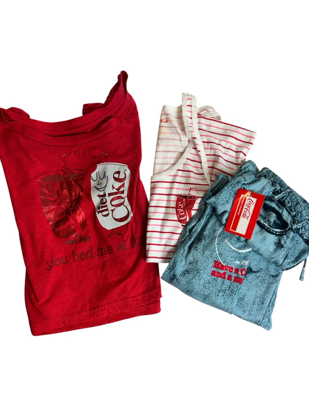 Coca-Cola Diet Coke 3‑Piece Bundle XL Tee Tank & NWT Pants Red White Denim Look